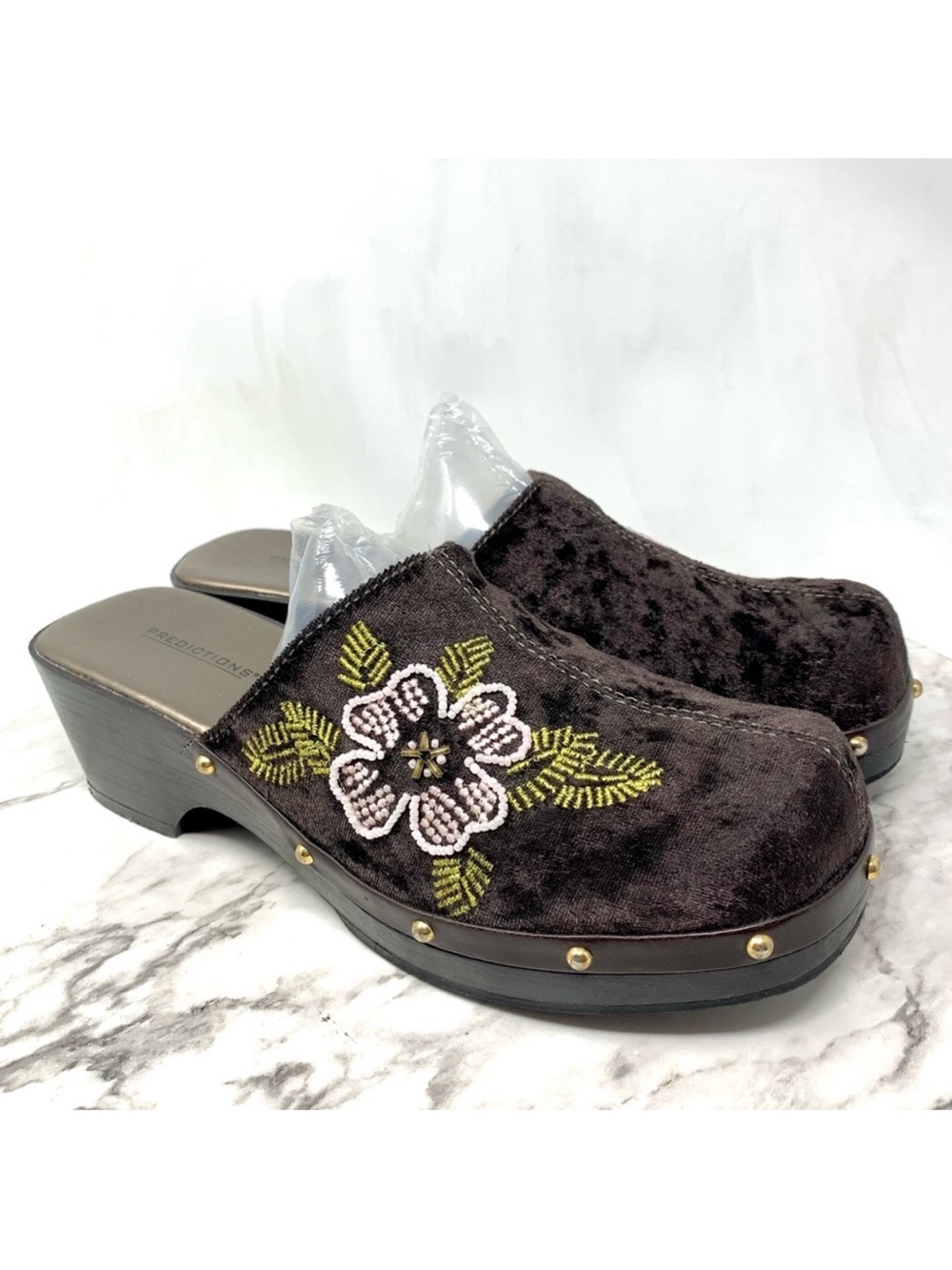 Y2K Predictions Brown Velvet Embroidered Chunky Clogs 7.5 Coquette Girl Artsy